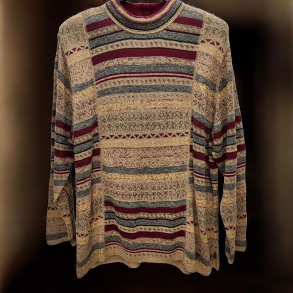 Koret Knit Sweater Womens 2X Crew Neck Tan Red Striped Long Sleeves Zipper - Picture 1 of 10